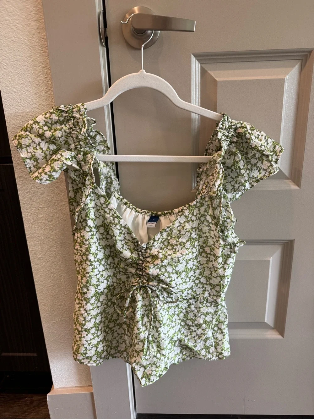 Floral Tie-Front Puff Sleeve Top - Green